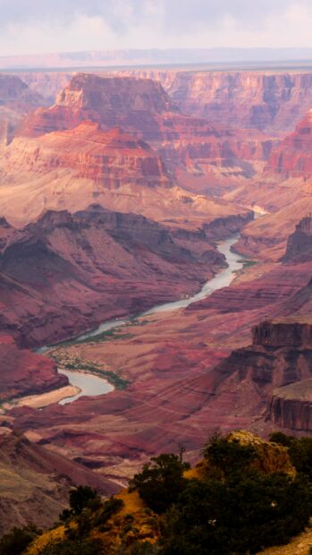 The Grand Canyon features a winding river flowing through red rocky cliffs under a cloudy sky, 2K Phone Wallpaper
