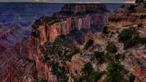 The Grand Canyon displays rocky cliffs and green trees at sunset, 4K Desktop Wallpaper