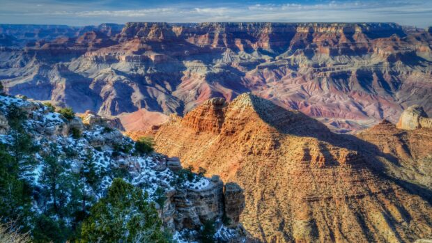 The Grand Canyon shows layered red rocks and snowy green trees under a clear sky, 4K Desktop Wallpaper