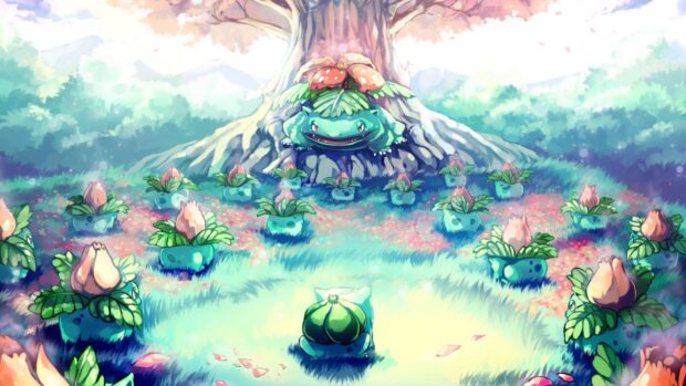 A group of Grass Pokemon is gathered around a large tree in a serene meadow, displaying different growth stages, HD Desktop Wallpaper