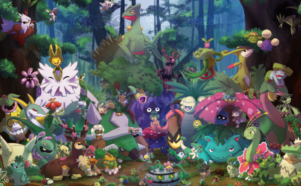 A large group of Grass Pokemon gathered together in a lush forest environment, 2K Desktop Wallpaper