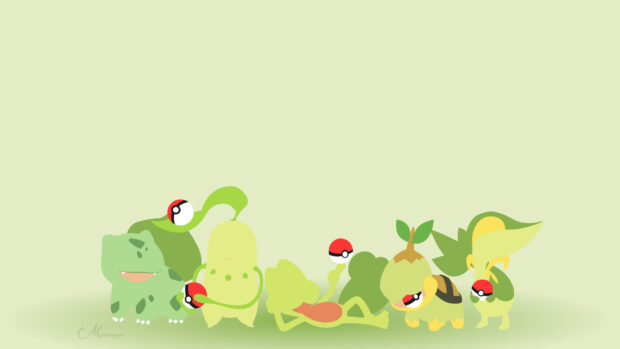 A minimalist design of grass Pokemon holding Pokeballs on a light green background, HD Desktop Wallpaper