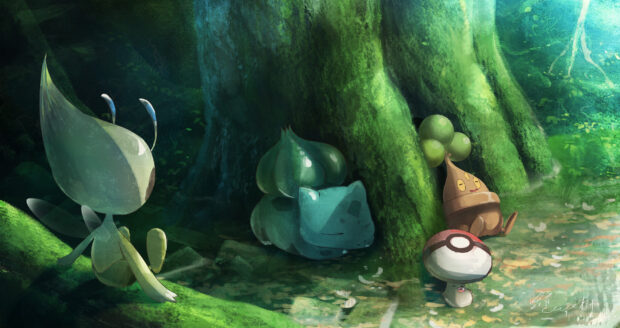Three grass Pokemon relax together under a large mossy tree in the forest, 2K Desktop Wallpaper