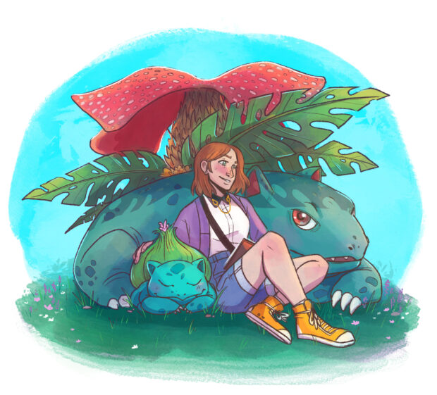 A girl sitting with two Grass Pokemon surrounded by plants and flowers in a peaceful setting, HD Desktop Wallpaper