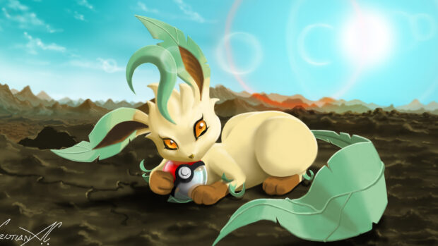 A grass type Pokemon is resting on dry ground holding a Pokeball under a bright sky, 4K Desktop Wallpaper