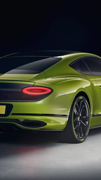 A green Bentley Continental GT is shown from the rear with detailed wheels and taillight, 4K Phone Wallpaper