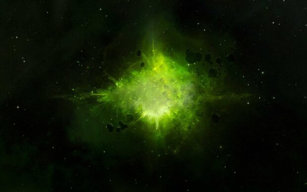 A vibrant green nebula glowing brightly in deep space with scattered asteroids around, 2K Desktop Wallpaper