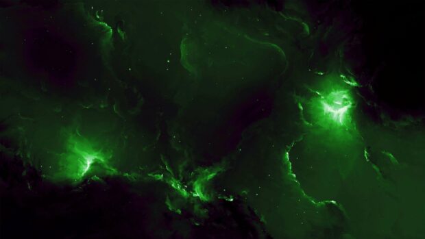 The green nebula displays vibrant glowing clouds and dark space surrounding it, 2K Desktop Wallpaper
