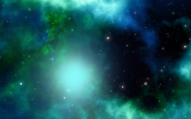 A green nebula with blue clouds and stars glowing in deep space, 2K Desktop Wallpaper