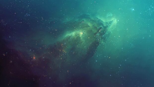 A vast green nebula glowing with stars in deep space, 2K Desktop Wallpaper
