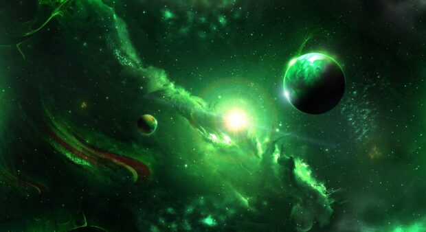 A green nebula with bright stars and two planets in deep space, 4K Desktop Wallpaper