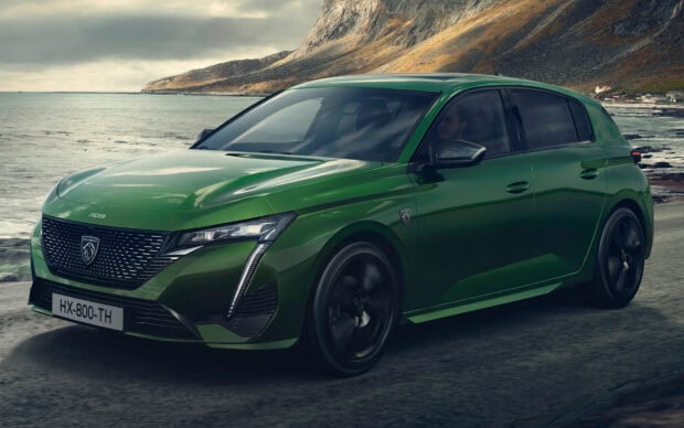 A green Peugeot 308 is parked near the ocean with mountains in the background, HD Desktop Wallpaper