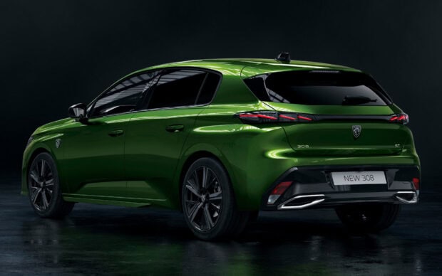 A green Peugeot 308 shows its rear design and lights in a dark studio, HD Desktop Wallpaper