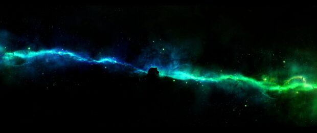 A stunning green and blue nebula stretches across the dark cosmos, 2K Desktop Wallpaper