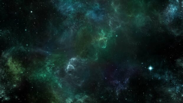 The green nebula displays bright and dark clouds among shining stars in space, 4K Desktop Wallpaper