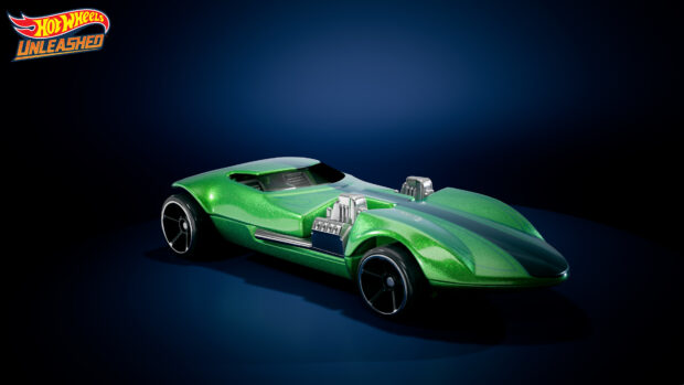 A green futuristic Hot Wheels car is displayed against a dark blue background, 4K Desktop Wallpaper