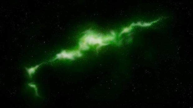 A green nebula spreads across the dark starry sky in space, HD Desktop Wallpaper