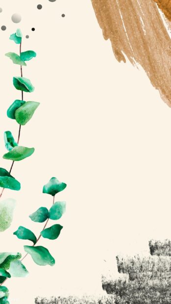 A green leaf branch is placed vertically with brown and gray artistic brush strokes on a cream backdrop wallpapers, HD Mobile Wallpaper