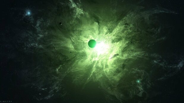 A glowing green nebula illuminates a distant planet in outer space, HD Desktop Wallpaper