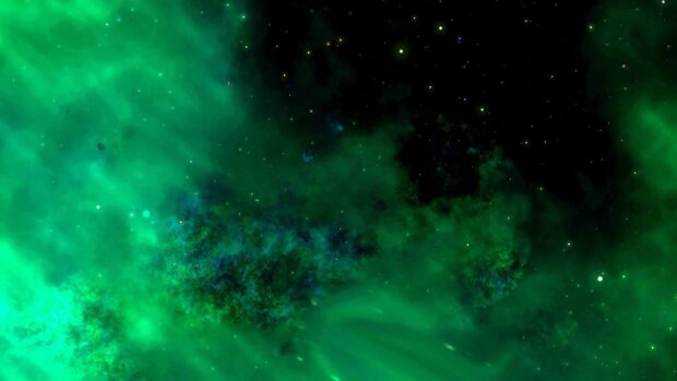A vibrant green nebula shining brightly in deep space with stars around, 4K Desktop Wallpaper