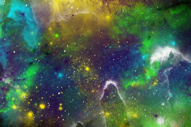 A vibrant green nebula showcases swirling cosmic clouds and bright stars, HD Desktop Wallpaper