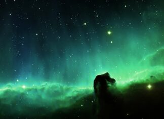 The green nebula shows glowing gas and stars in vast space, 4K Desktop Wallpaper