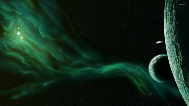 A green nebula drifts through space near distant planets, HD Desktop Wallpaper