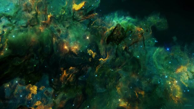 A vibrant green nebula with bright glowing stars scattered across space, HD Desktop Wallpaper