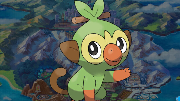 Grookey is a playful grass Pokemon standing with a mountain map background, 4K Desktop Wallpaper