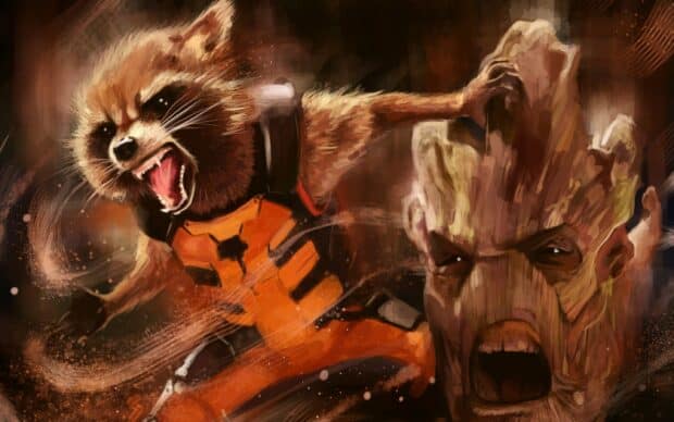 Groot and Rocket Raccoon are shown in an aggressive battle stance with dynamic motion effects, 2K Desktop Wallpaper