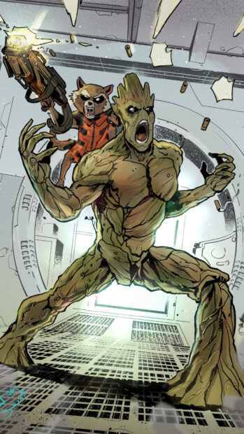 Rocket fires a weapon while Groot defends in an intense battle, HD Mobile Wallpaper