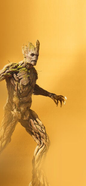 Groot Wallpapers features a detailed figure of Groot walking against a yellow backdrop, HD Phone Wallpaper