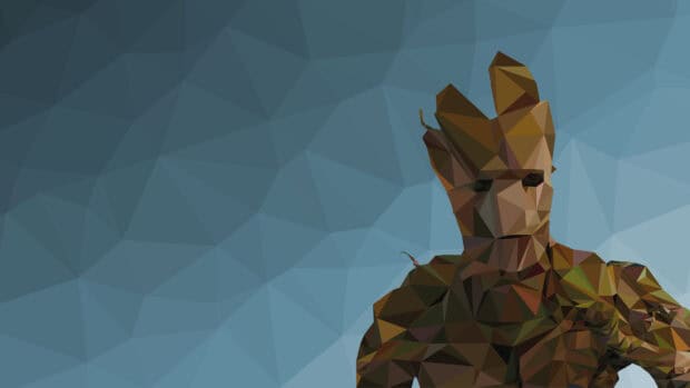 A polygon art design of Groot character with blue geometric background, 4K Desktop Wallpaper