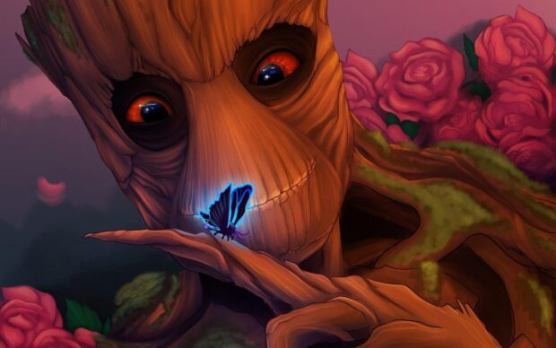 Groot gently watches a glowing butterfly resting on his hand near red roses, 2K Desktop Wallpaper