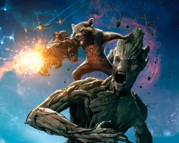 Rocket firing a weapon while Groot protests in space, HD Desktop Wallpaper