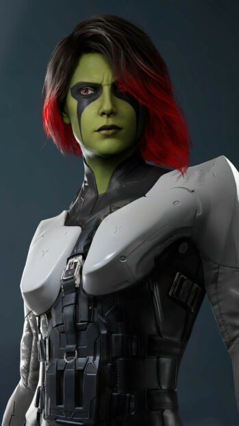 A close up of a Marvels Guardians Of The Galaxy character with green skin and red hair wearing armor, 4K Phone Wallpaper
