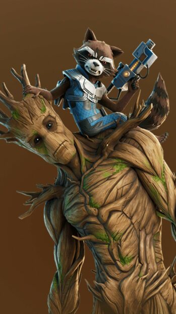 Rocket Raccoon sits on Groot holding a futuristic gun in action, 2K Mobile Wallpaper