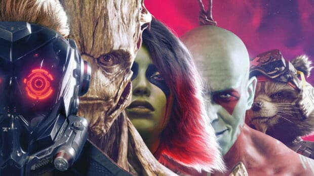 A close up of Marvels Guardians of the Galaxy characters with vibrant colors on a cosmic background, HD Desktop Wallpaper