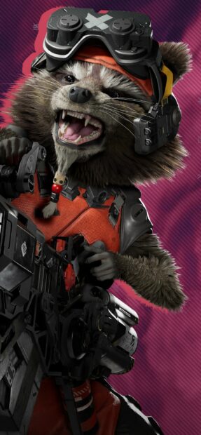 A close up of Rocket from Marvels Guardians Of The Galaxy wearing combat gear and holding a weapon, 2K Phone Wallpaper