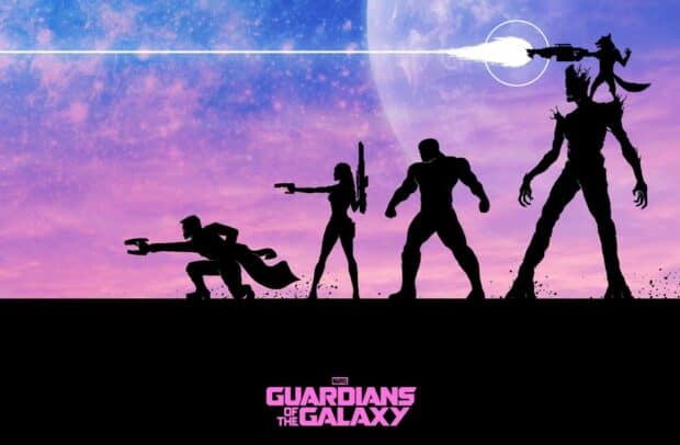 The Marvels Guardians Of The Galaxy Wallpapers show the team in action against a cosmic sky, HD Desktop Wallpaper