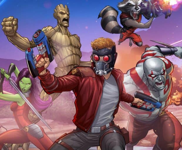 The Guardians of the Galaxy battle in a colorful alien landscape, HD Desktop Wallpaper