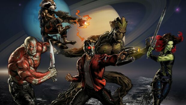 The Marvels Guardians Of The Galaxy Wallpapers feature key characters in battle poses on a distant moon, HD Desktop Wallpaper