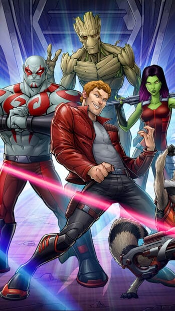 The Guardians of the Galaxy team poses with Groot in a vibrant galactic setting, HD Mobile Wallpaper
