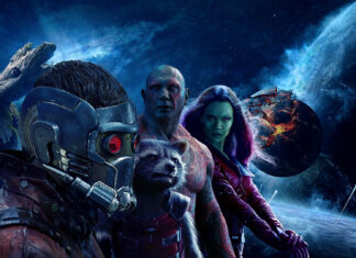 The Guardians of the Galaxy team with Groot is shown against a cosmic background, HD Desktop Wallpaper