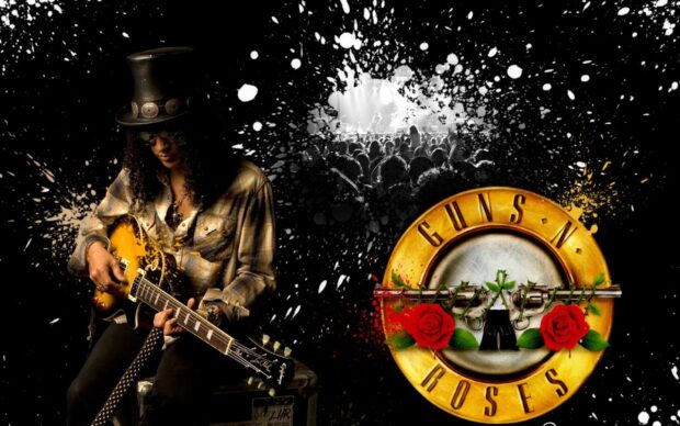 A guitarist plays an acoustic guitar delivering iconic hard rock vibes with the Guns N Roses emblem, 2K Desktop Wallpaper