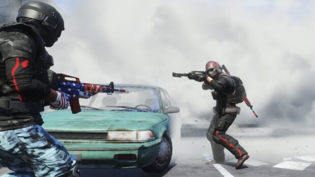 Two soldiers are aiming their guns near a damaged car in H1Z1 wallpapers, HD Desktop Wallpaper