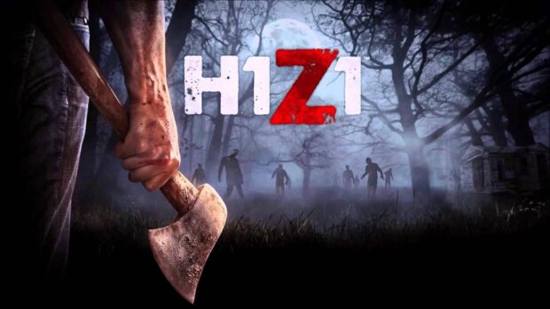 A person holding an axe faces zombies in a dark forest with the H1Z1 logo, HD Desktop Wallpaper