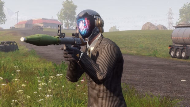 A H1Z1 character in a striped suit aiming a rocket launcher in a grassy field, HD Desktop Wallpaper