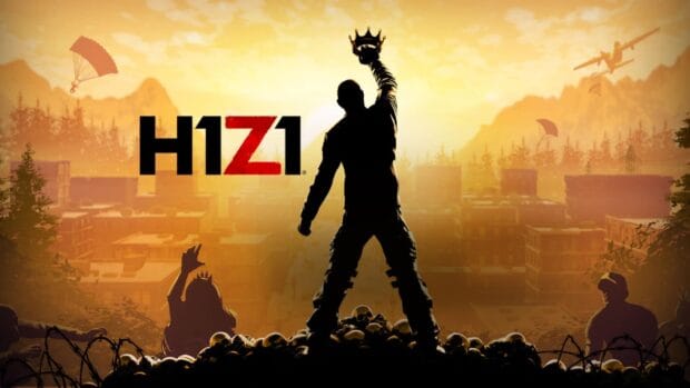 A silhouette of a character holding a crown in front of the H1Z1 logo at sunset, HD Desktop Wallpaper