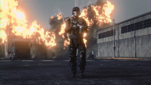 A soldier with a skull mask walks away from a fiery explosion in H1Z1 wallpapers, HD Desktop Wallpaper
